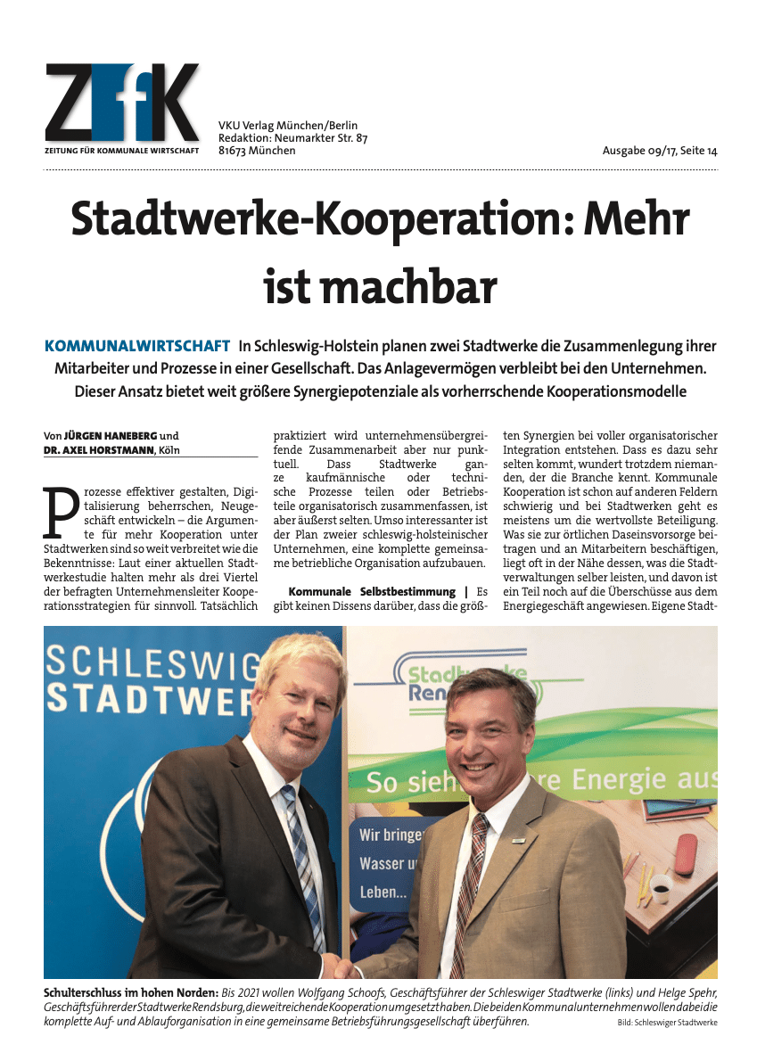 ZfK-Artikel zur Kooperation der Schleswiger Stadtwerke mit den Stadtwerken Rendsburg