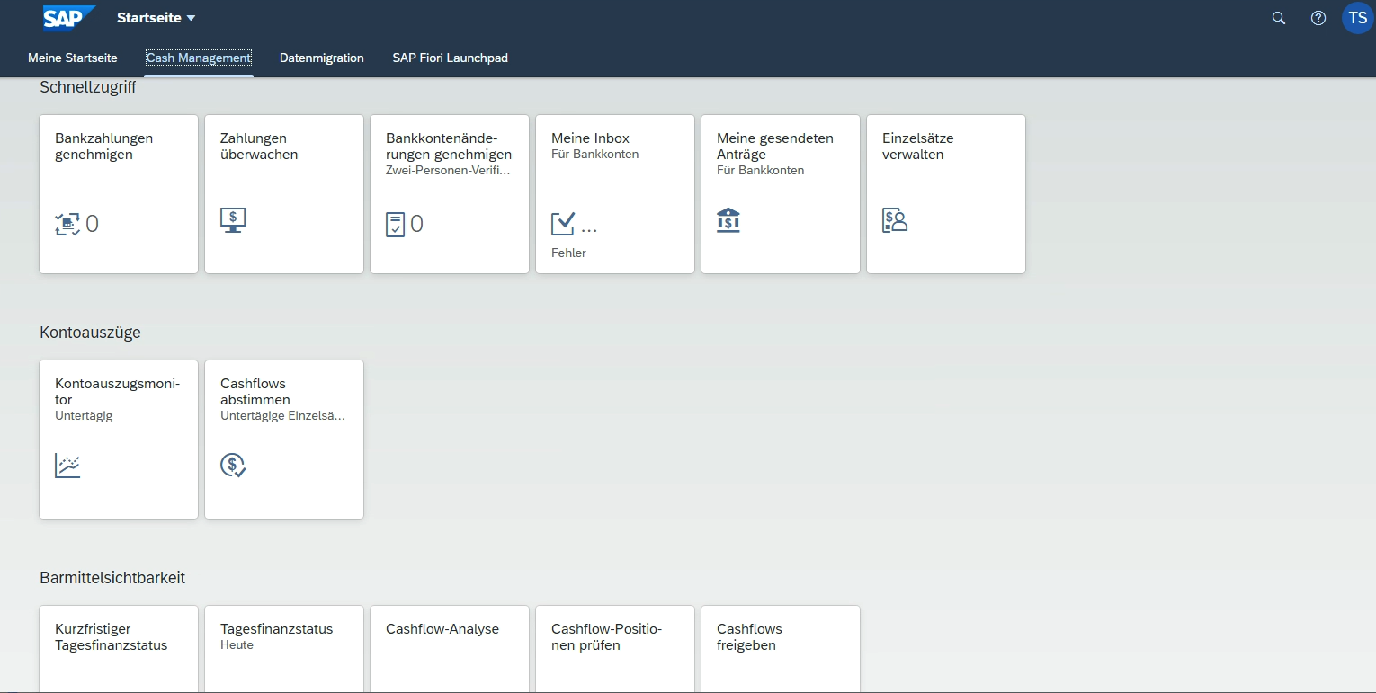 So könnte der Start-Bildschirm für das Cash Management in SAP Fiori aussehen.