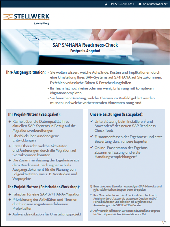 SAP S/4HANA Readiness-Check – STELLWERK Festpreis-Angebot