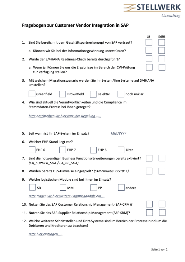 Vorschau Fragebogen zur CVI in SAP S/4HANA