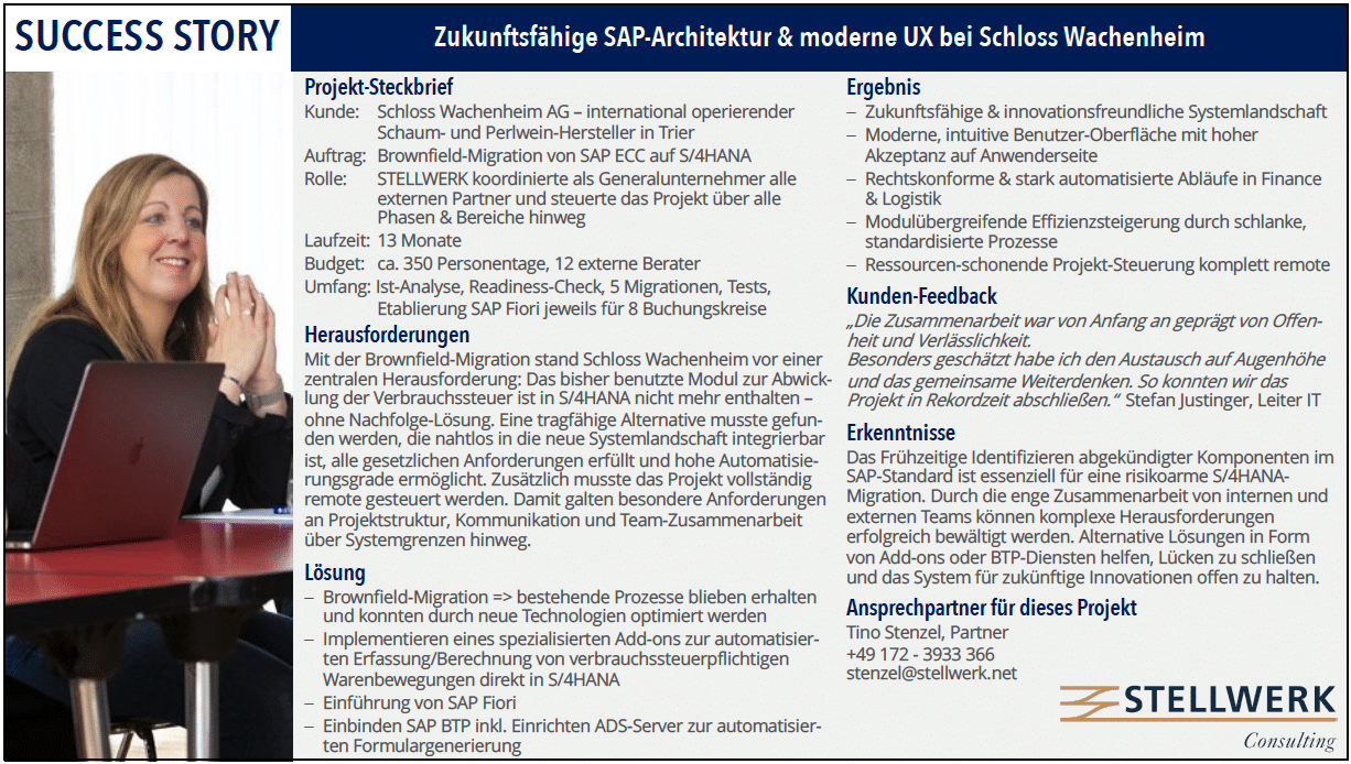 Success Story der aufwands- und risikoarmen Brownfield-S/4HANA-Migration bei Schloss Wachenheim